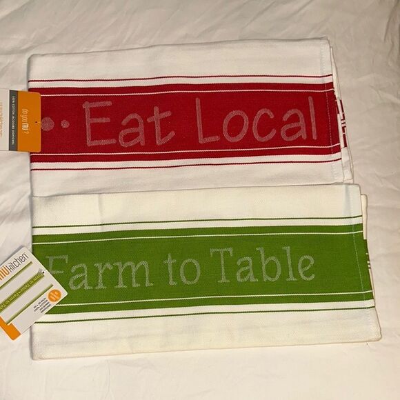 mukitchen White Green Red Farm to Table Eat Local Cotton Kitchen Tea Towels 2pk - Picture 7 of 7